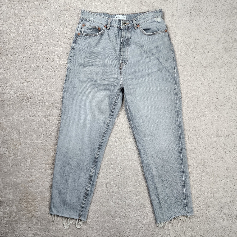 Zara Extra High Rise Straight Leg Raw Hem Button Fly Distressed Jeans Size 12